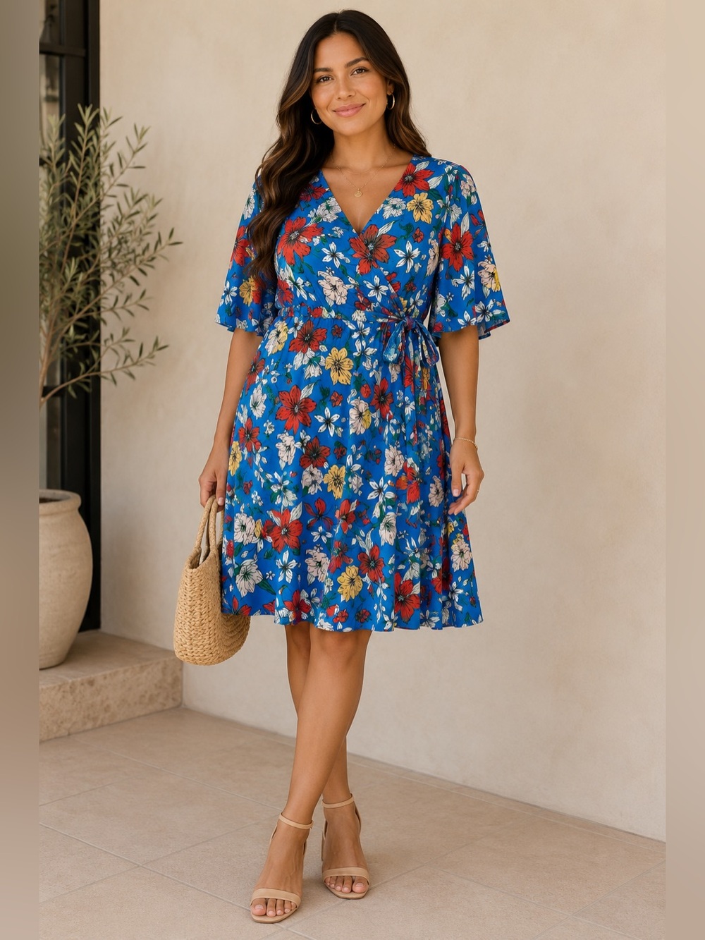 Vintage Kmart Attention Blue Floral Wrap Dress with Red & Yellow Blooms